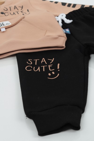 Bej (9-24 Ay) Stay Cute Baskılı Kapak Cepli Üç İp Şardonlu Erkek Çocuk Takım 136795