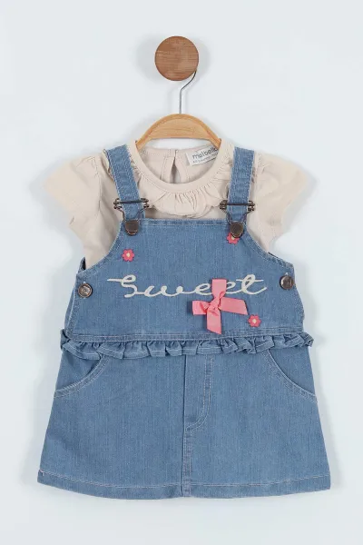Bej (9-24 Ay) Sweet Nakışlı Tişörtlü Kız Bebek Kot Elbise 264036