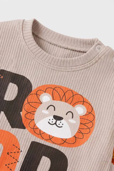 Bej (9-24 Ay)Aslan Baskılı Lastikli Paça Fitilli Kumaş  Erkek Bebek Takım 480195