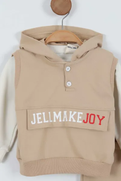 Bej (9-24 Ay)Kolsuz Kapüşonlu Sweatshirtlü Erkek Bebek Takım 345276