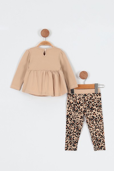 Bej (9-36 Ay) Fiyonk Motifli Fare Baskılı Leoparlı Kız Bebe Takım 198432
