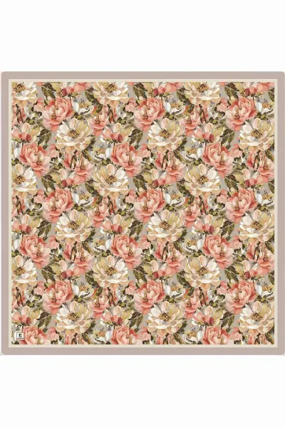 Bej 95x95 Cm Dijital Baskılı Botanik Desen Soft Eşarp 473304