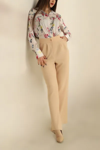 Bej Krep Kumaş Bayan Pantolon 254083