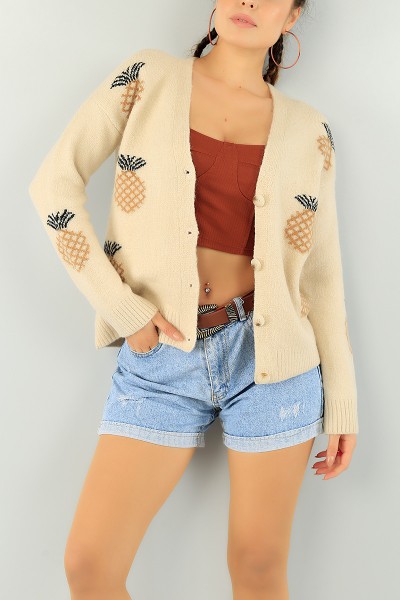 Bej Ananas Desen Bayan Triko Hırka 74739