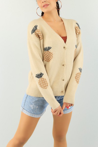 Bej Ananas Desen Bayan Triko Hırka 74739