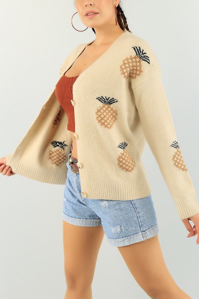 Bej Ananas Desen Bayan Triko Hırka 74739