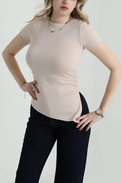 Bej Asimetrik Kesim Büzgülü Oysho Kadın Bluz 458325
