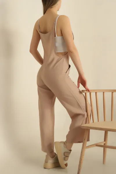Bej Askılı Keten Tulum 254256