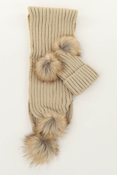 Bej (Atkı: 115 cm Bere: 19 cm) Çift Ponpnlu Atkı Bere 144825