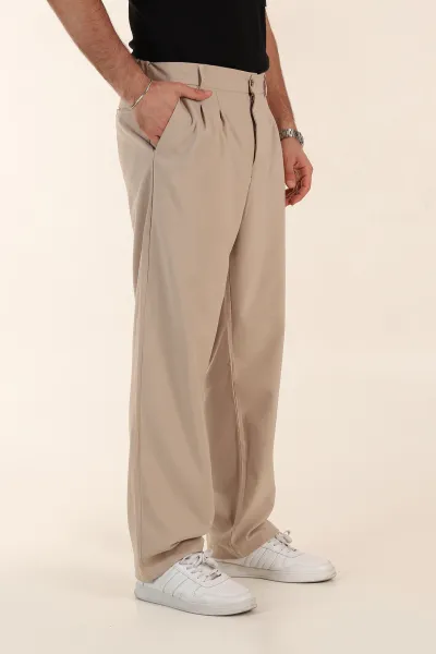 Bej Baggy Bel Arkası Lastikli Çift Pile Detaylı Erkek Kumaş Pantolon 366309