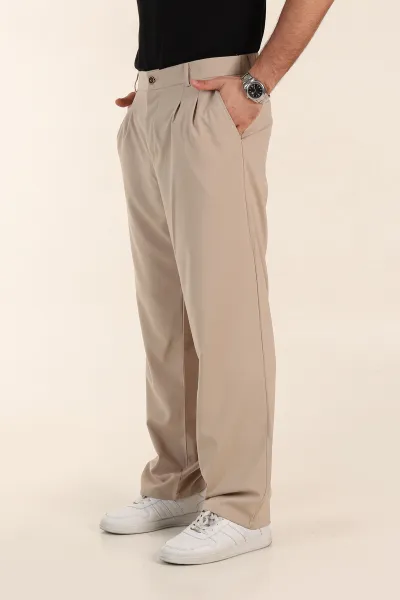 Bej Baggy Bel Arkası Lastikli Çift Pile Detaylı Erkek Kumaş Pantolon 366309