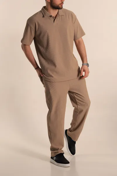 Bej Baggy Jakarlı Polo Yaka Tişörtlü Eşofman Takımı 269185