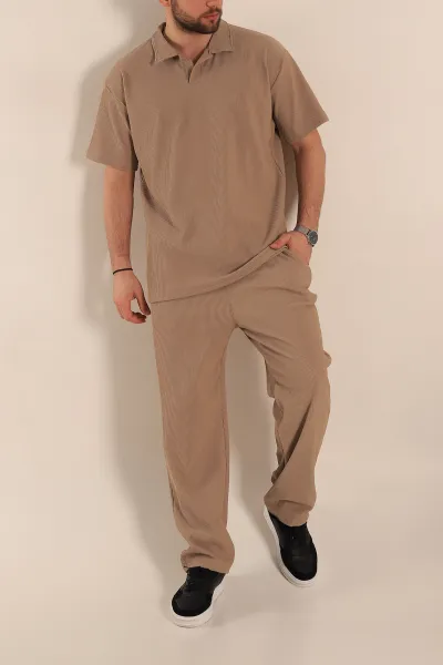 Bej Baggy Jakarlı Polo Yaka Tişörtlü Eşofman Takımı 269185