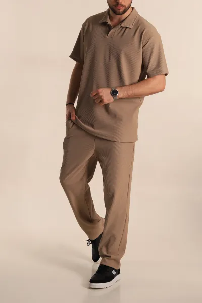Bej Baggy Jakarlı Polo Yaka Tişörtlü Eşofman Takımı 269185
