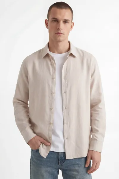 Bej Bambu Keten Oversize Erkek Gömlek 449838