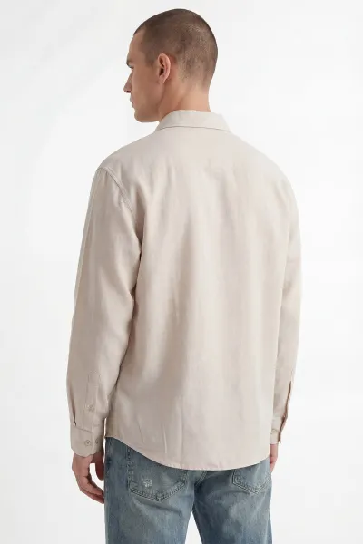 Bej Bambu Keten Oversize Erkek Gömlek 449838