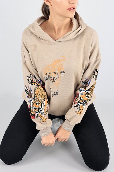 Bej Baskı Detay Şardonlu Bayan Sweat 88409