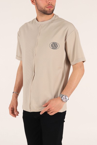 Bej Baskılı Fitilli Oversize Erkek Tişört 177468
