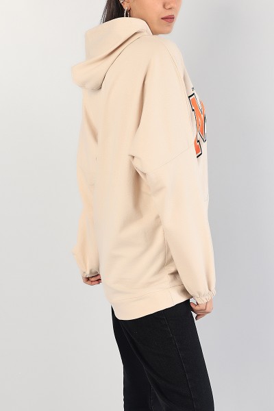 Bej Baskılı Kapüşonlu Bayan Sweat 83375