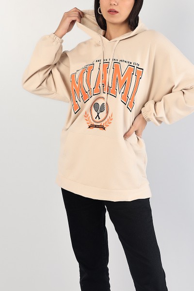 Bej Baskılı Kapüşonlu Bayan Sweat 83375