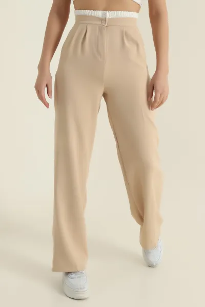 Bej Bel Lastik Garnilli Palazzo Cepli Kadın Atlas Pantolon 421044