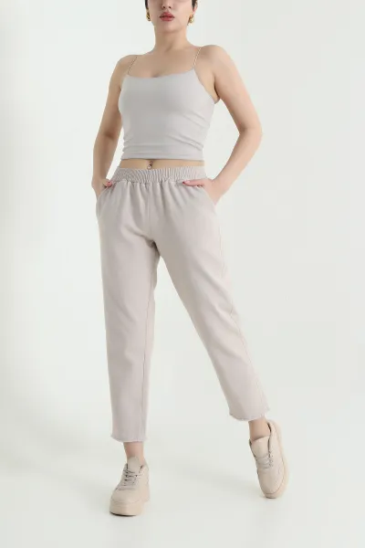 Bej Bel Lastikli Cep Detay Gabardin Kadın Pantolon 440779