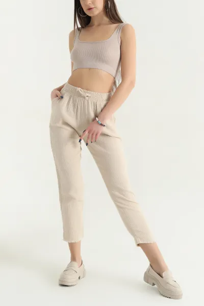 Bej Bel Lastikli Müslin Keten Pantolon 339871