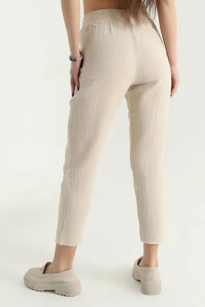 Bej Bel Lastikli Müslin Keten Pantolon 339871