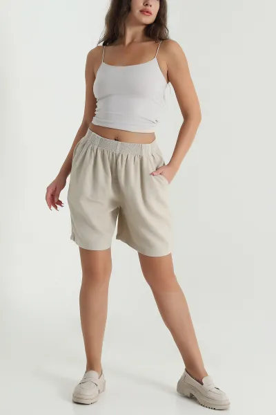 Bej Bel Lastikli Tencel Gabardin Kadın Şort 478750
