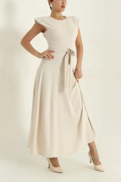 Bej Beli Bağlamalı Crep Kadın Elbise 376385
