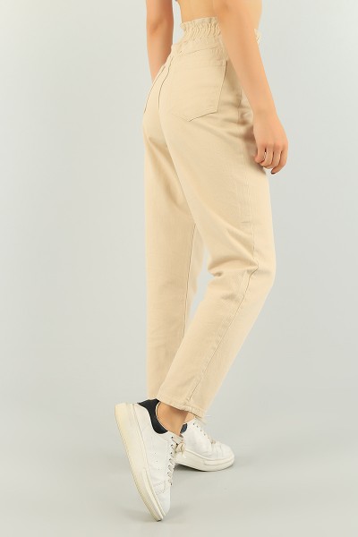 Bej Beli Lastikli Bayan Mom Kot Pantolon 74509