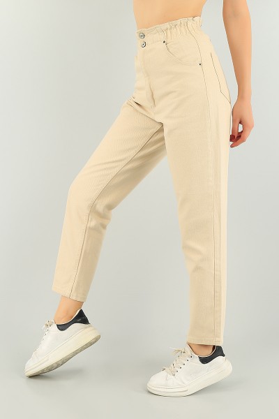 Bej Beli Lastikli Bayan Mom Kot Pantolon 74509