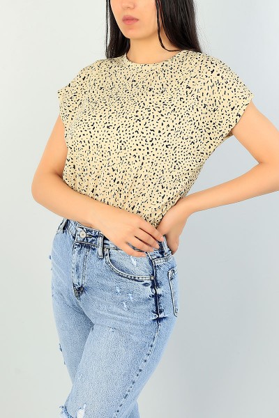 Bej Beli Lastikli Desenli Bluz 70573