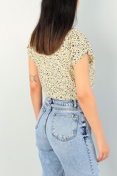 Bej Beli Lastikli Desenli Bluz 70573