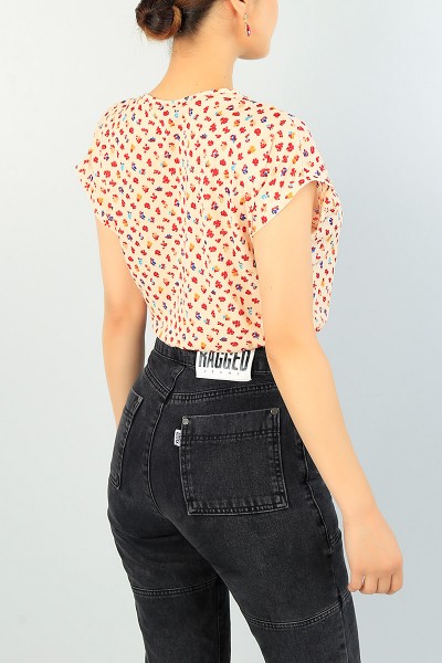 Bej Beli Lastikli Desenli Bluz 70578