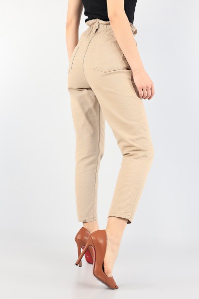 Bej Beli Lastikli Mom Bayan Kot Pantolon 88602