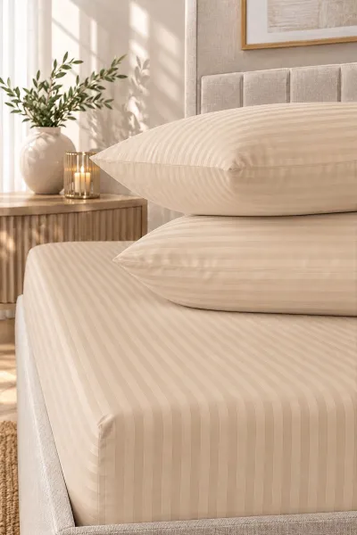 Bej Bella Home 160x200 Cm Çift Kişilik Çizgili Saten Çarşaf Seti 483024