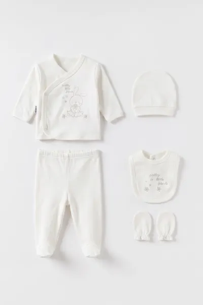 Bej Beyaz  (0-3 Ay) Lİttle Tavşan Nakışlı Kutulu Yeni Doğan Kız Bebek 5'li Zıbın Set 475354