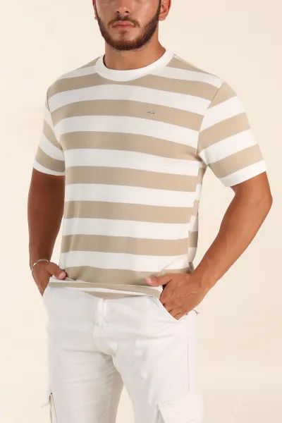Bej Beyaz Çizgili Relaxed Fit Erkek Triko Tişört 279240