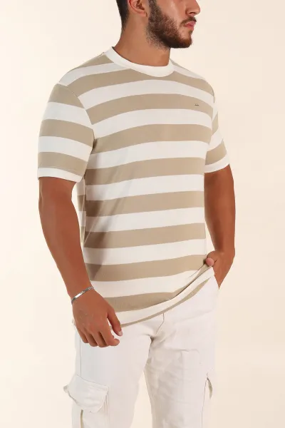 Bej Beyaz Çizgili Relaxed Fit Erkek Triko Tişört 279240