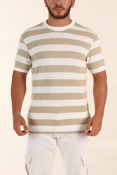 Bej Beyaz Çizgili Relaxed Fit Erkek Triko Tişört 279240