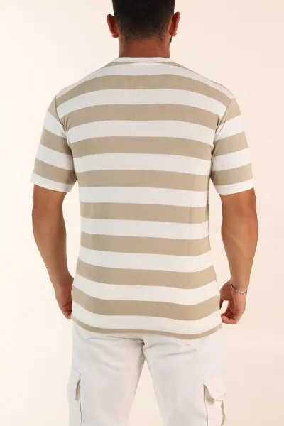 Bej Beyaz Çizgili Relaxed Fit Erkek Triko Tişört 279240