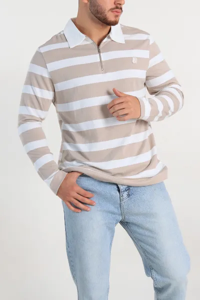 Bej Beyaz Çizgili Relaxed Fit Polo Yaka Erkek İnce Sweatshirt 309097