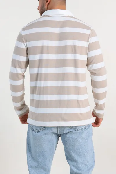 Bej Beyaz Çizgili Relaxed Fit Polo Yaka Erkek İnce Sweatshirt 309097