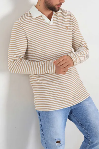 Bej Beyaz Çizgili Relaxed Fit Polo Yaka Erkek Triko Kazak 309034