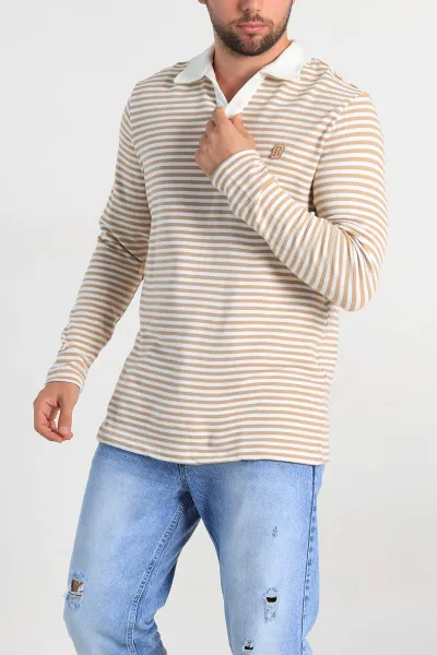 Bej Beyaz Çizgili Relaxed Fit Polo Yaka Erkek Triko Kazak 309034