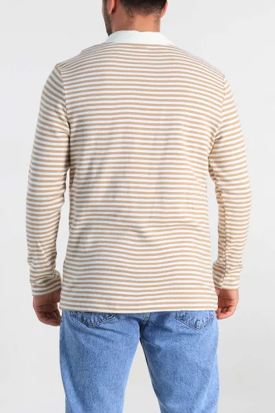 Bej Beyaz Çizgili Relaxed Fit Polo Yaka Erkek Triko Kazak 309034