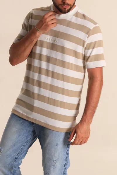 Bej Beyaz Çizgili Relaxed Fit Yazı Detay Erkek Triko Tişört 279245