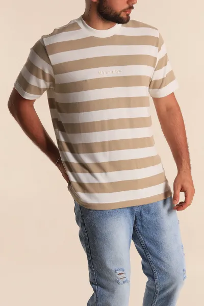 Bej Beyaz Çizgili Relaxed Fit Yazı Detay Erkek Triko Tişört 279245