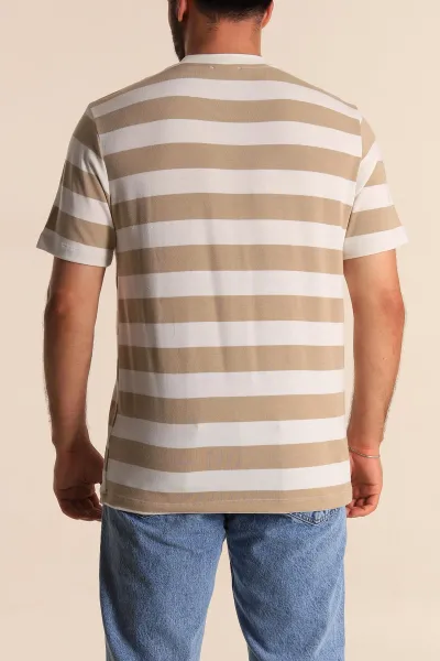 Bej Beyaz Çizgili Relaxed Fit Yazı Detay Erkek Triko Tişört 279245